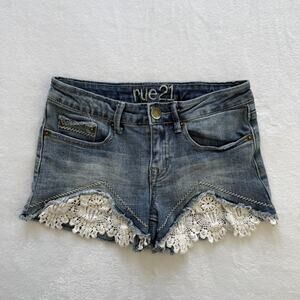 Rue21 Shorts Juniors 1/2 Blue Denim Cutoff Lace Crochet Frayed Hem Hot Pants